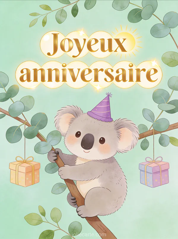 Petit koala accroché à une branche d'eucalyptus avec chapeau de fête violet et cadeaux suspendus sur fond vert menthe