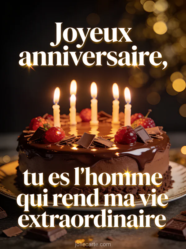 Gâteau au caramel beurre salé avec pommes sur plateau cuivre verre de bière noix et thym sur bois clair et texte Joyeux anniversaire