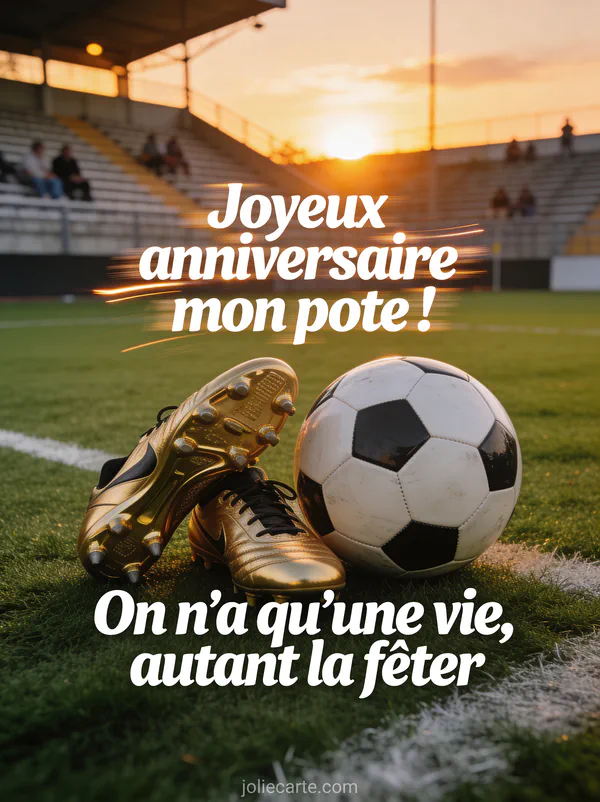 Ballon de football sur terrain vert au coucher du soleil avec crampons dorés et gradins en arrière-plan