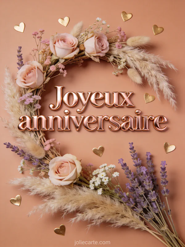 Couronne de fleurs séchées pastel avec roses pampas lavande séchée et coeurs dorés sur fond terracotta