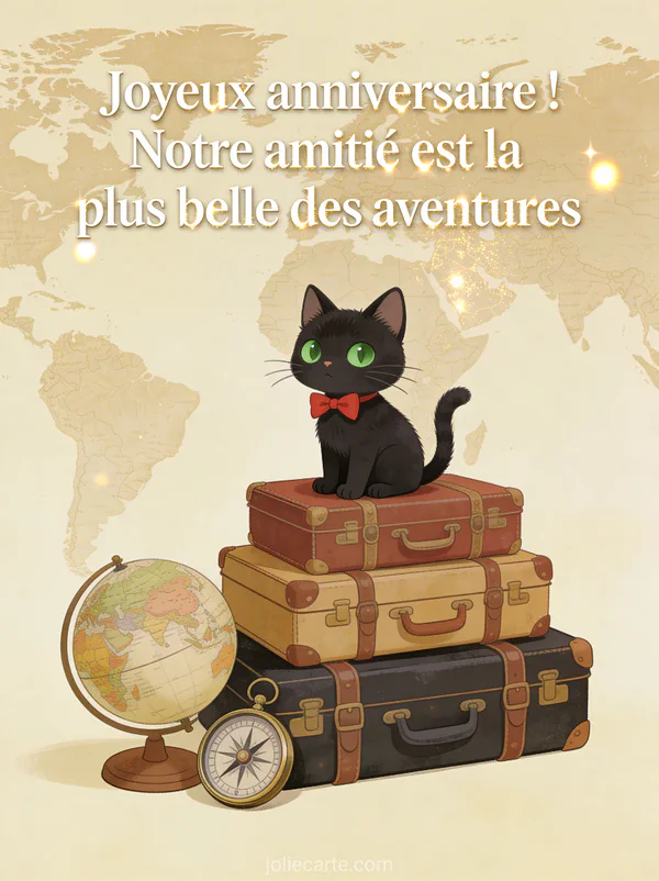 Chat noir aux yeux verts avec noeud papillon rouge sur pile de valises vintage avec mappemonde et boussole