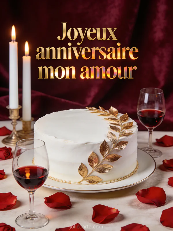 Pétales de roses gâteau blanc et or verres de vin rouge bougies sur velours bordeaux et texte Joyeux anniversaire mon amour