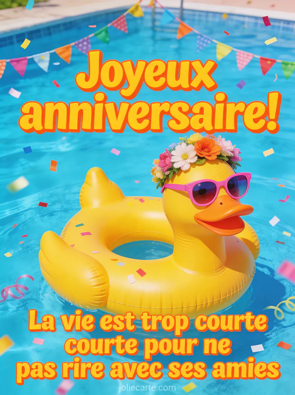 Canard en caoutchouc géant jaune avec couronne de fleurs et lunettes de soleil roses entouré de confettis sur fond bleu piscine