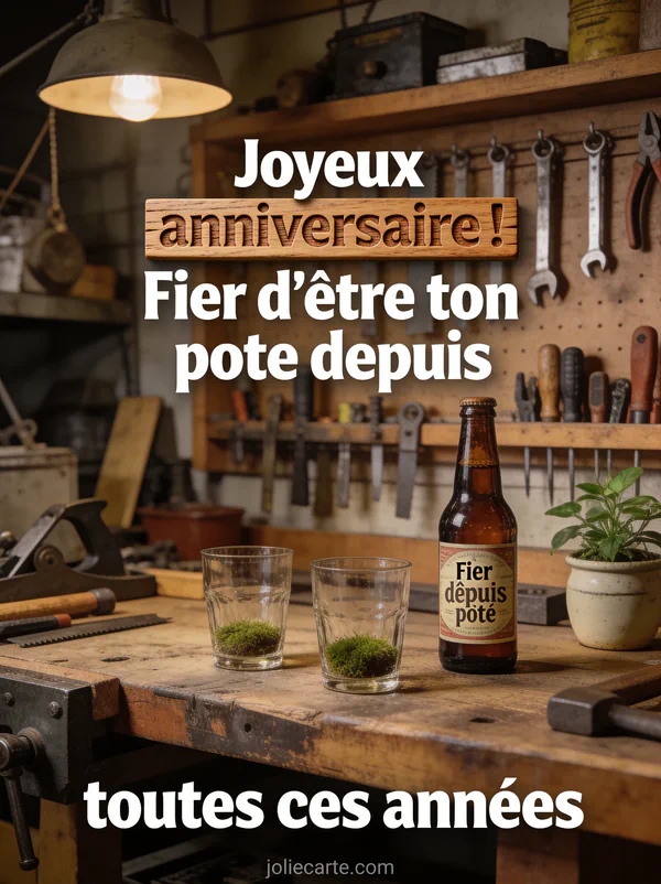 Établi de bricoleur avec outils vintage bouteille de bière artisanale et deux verres dans la lumière chaude d'un atelier