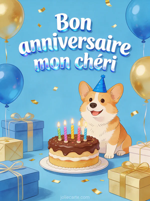 Illustration d'un corgi souriant avec chapeau d'anniversaire devant gâteau au chocolat ballons bleus cadeaux confettis et texte Bon anniversaire mon chéri