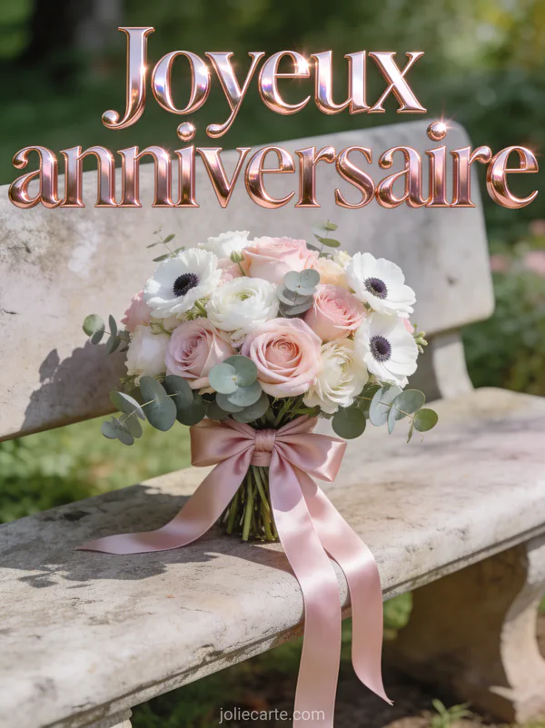 Bouquet rond de roses pastel anémones blanches et eucalyptus avec ruban blush sur banc en pierre dans un jardin