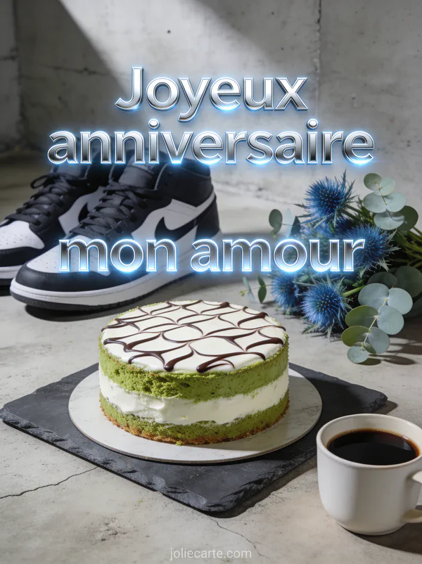 Gâteau matcha et chocolat blanc sur ardoise avec chardons bleus eucalyptus café sur fond béton et texte Joyeux anniversaire mon amour