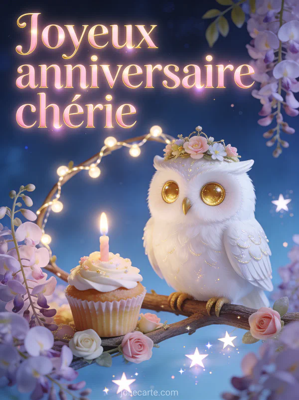 Illustration d'une chouette blanche avec couronne de fleurs sur branche guirlandes cupcake glycine roses et étoiles et texte Joyeux anniversaire chérie