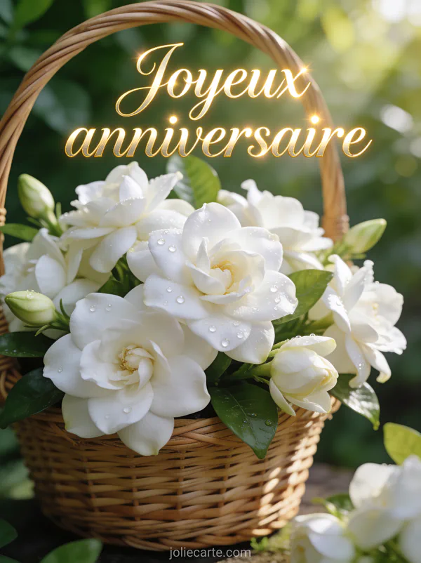 Gardénias blancs et jasmin dans un panier en rotin avec perles de rosée sur les pétales et fond vert feuillage