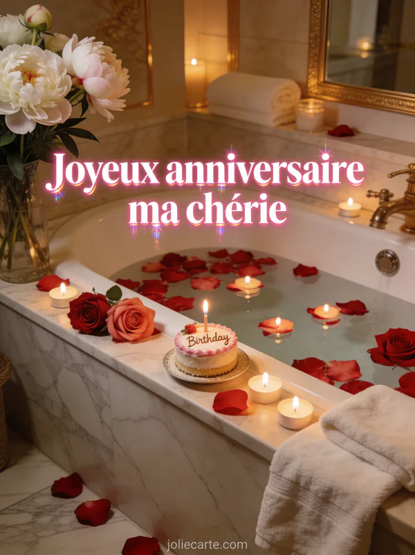 Bain de pétales de roses avec bougies flottantes gâteau d'anniversaire pivoines blanches sur marbre et texte Joyeux anniversaire ma chérie
