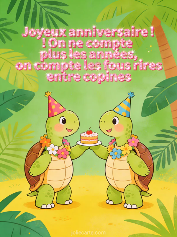 Deux tortues mignonnes avec chapeaux de fête et colliers de fleurs dont l'une offre un gâteau sur fond tropical