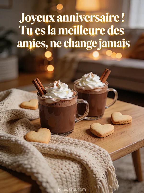 Deux tasses de chocolat chaud avec crème fouettée biscuits coeur et plaid tricoté dans un salon cosy lumineux