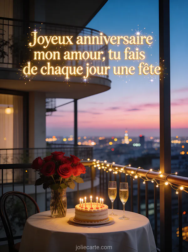 Balcon romantique au crépuscule avec vue ville illuminée gâteau bougies roses champagne guirlande et texte Joyeux anniversaire mon amour