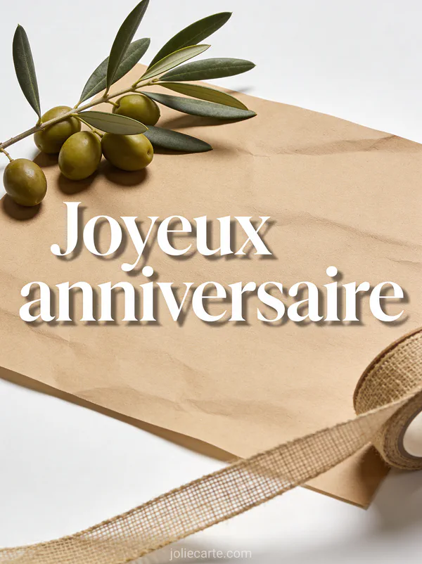 Branche d'olivier avec olives posée sur papier kraft avec ruban en lin naturel sur fond blanc minimaliste