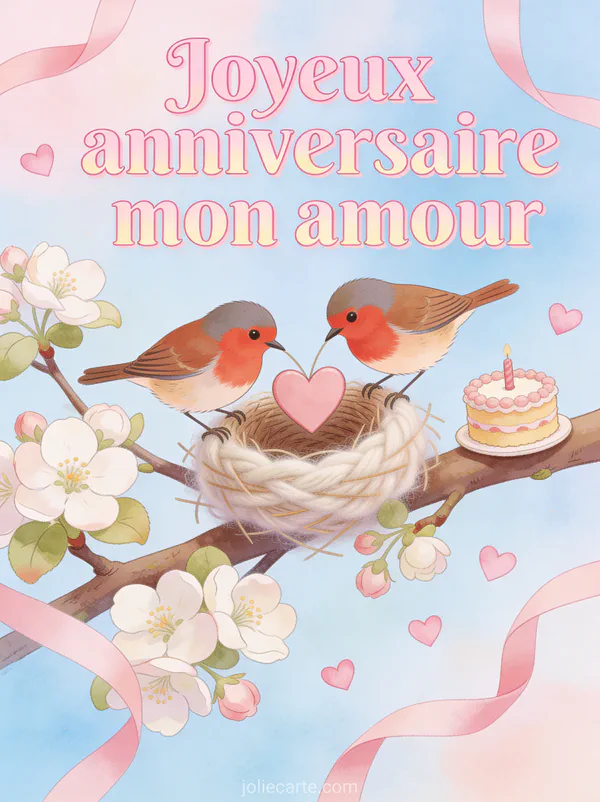 Illustration de deux rouge-gorges construisant un nid en cœur sur pommier en fleurs avec mini gâteau rubans et cœurs et texte Joyeux anniversaire mon amour
