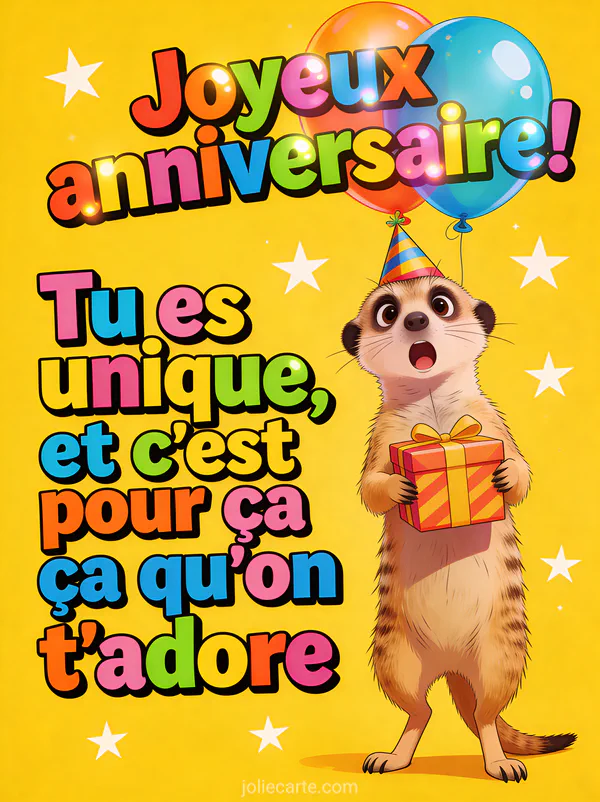 Suricate debout avec un chapeau de fête et un cadeau emballé, expression surprise, fond jaune vif avec étoiles et texte Joyeux anniversaire