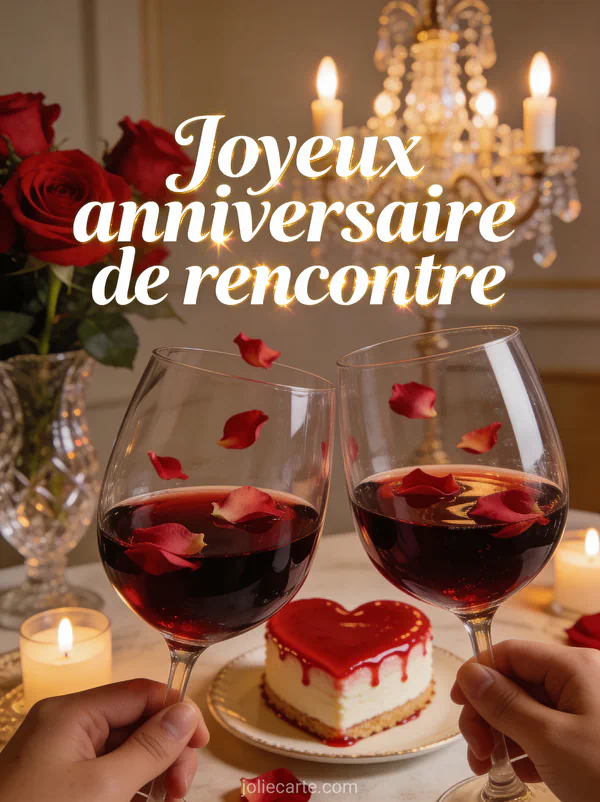 Deux verres de vin rouge trinquant avec gâteau cœur roses rouges chandelier aux chandelles et texte Joyeux anniversaire de rencontre