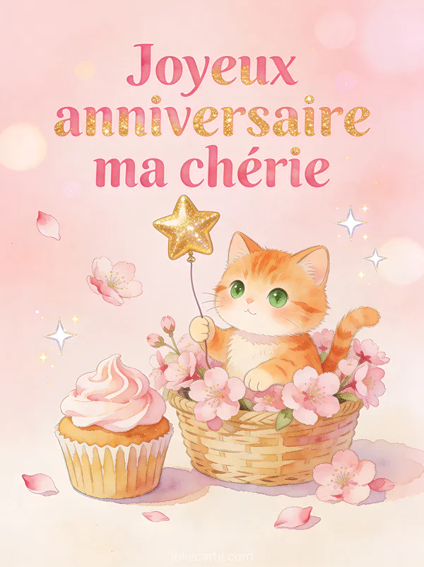 Illustration d'un chaton roux aux yeux verts avec ballon étoile dans panier de sakura cupcake pétales et étoiles et texte Joyeux anniversaire ma chérie
