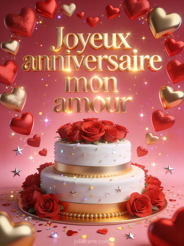 Cœurs rouges et dorés en 3D formant un cadre avec gâteau deux étages blanc et or roses rouges paillettes et texte Joyeux anniversaire mon amour