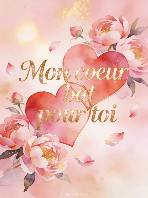Deux cœurs entrelacés peints à l'aquarelle rose et rouge entourés de pivoines délicates avec le texte Mon cœur bat pour toi