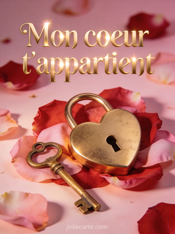 Cadenas en forme de cœur doré posé sur des pétales de roses avec une clé ancienne et le texte Mon cœur t'appartient