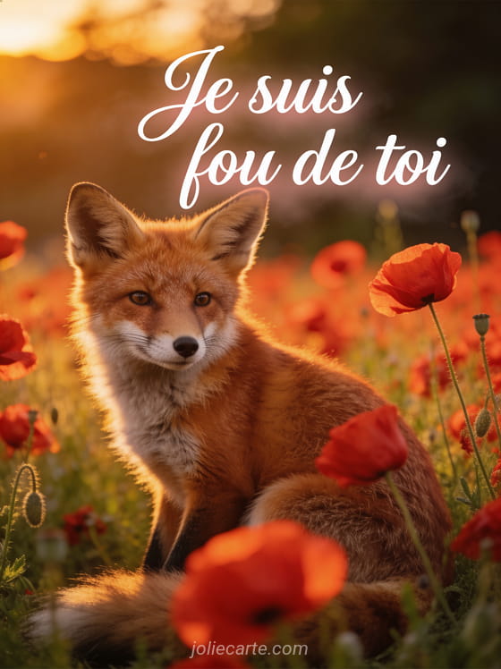 Renard roux au regard tendre assis dans un champ de coquelicots au coucher du soleil avec le texte Je suis fou de toi