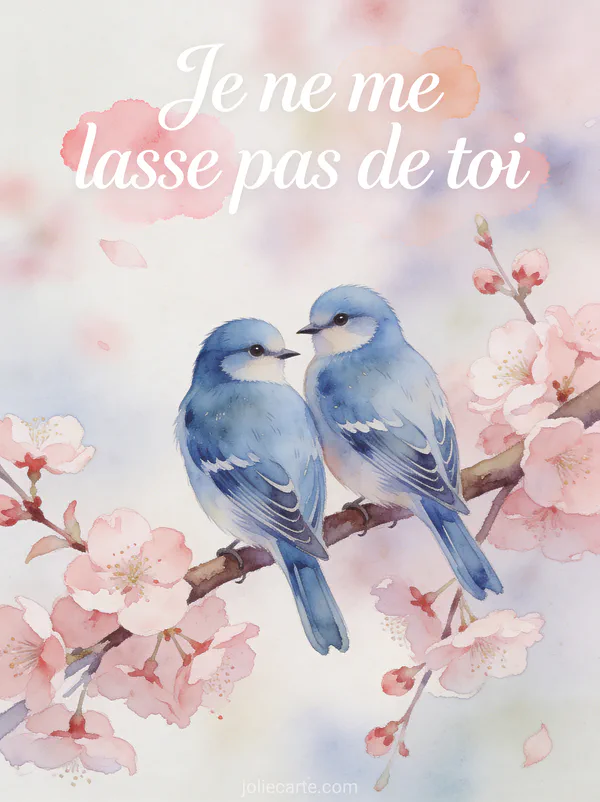 Deux mésanges bleues perchées côte à côte sur une branche de cerisier en fleurs roses style aquarelle avec le texte Je ne me lasse pas de toi