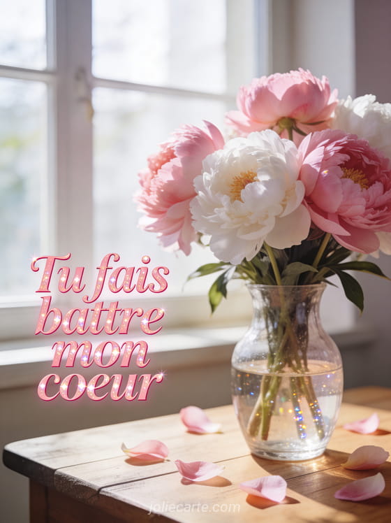 Bouquet de pivoines roses et blanches dans un vase en verre avec pétales éparpillés et le texte Tu fais battre mon cœur
