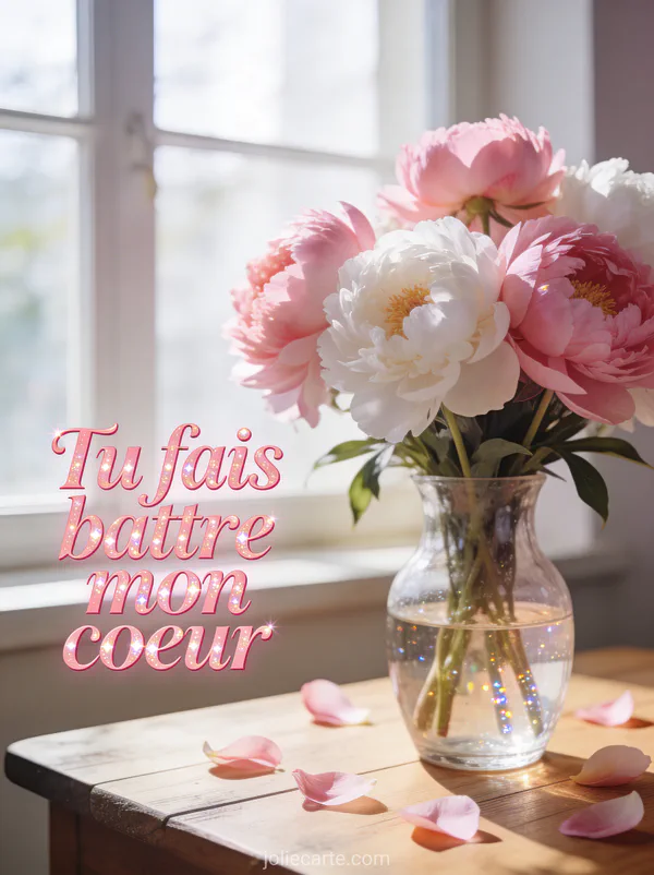 Bouquet de pivoines roses et blanches dans un vase en verre avec pétales éparpillés et le texte Tu fais battre mon cœur