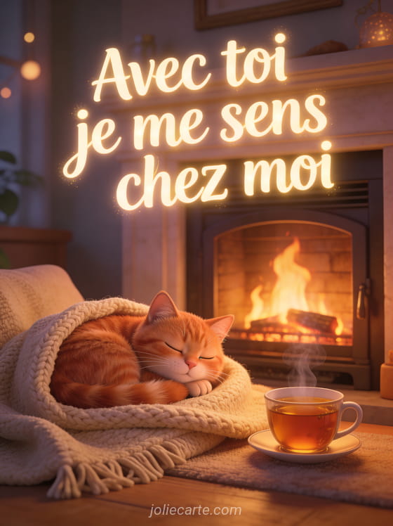 Chat roux lové sur un plaid beige près d'une cheminée avec une tasse de thé fumante et le texte Avec toi je me sens chez moi