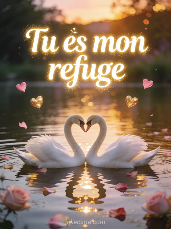 Deux cygnes blancs formant un cœur sur un lac au crépuscule avec petits cœurs flottants et pétales de roses et le texte Tu es mon refuge