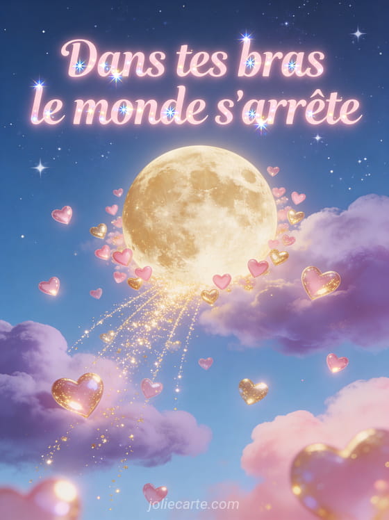Grande lune dorée dans un ciel étoilé avec petits cœurs roses et dorés lumineux flottants et étincelles et le texte Dans tes bras le monde s'arrête