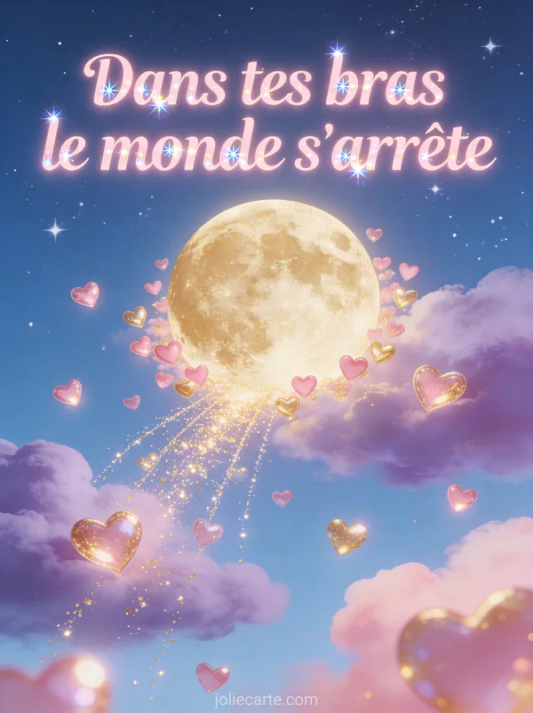 Grande lune dorée dans un ciel étoilé avec petits cœurs roses et dorés lumineux flottants et étincelles et le texte Dans tes bras le monde s'arrête