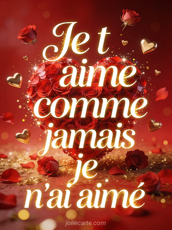 Grand cœur rouge formé de pétales de roses entouré de petits cœurs dorés flottants et étincelles lumineuses avec le texte Je t'aime comme jamais je n'ai aimé