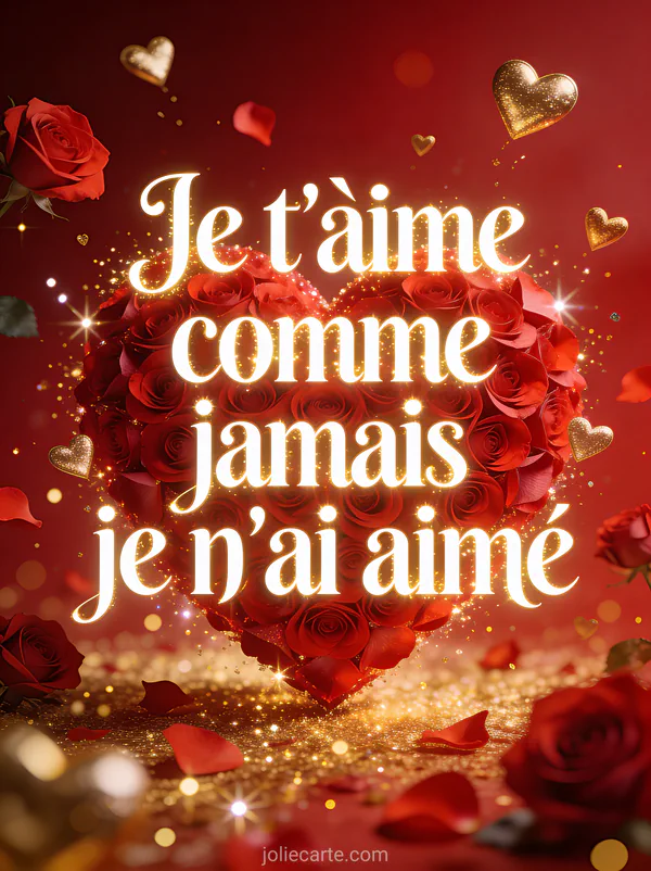 Grand cœur rouge formé de pétales de roses entouré de petits cœurs dorés flottants et étincelles lumineuses avec le texte Je t'aime comme jamais je n'ai aimé