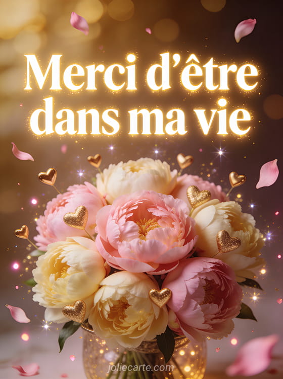 Bouquet de pivoines roses et crème entouré de petits cœurs dorés flottants avec étincelles et le texte Merci d'être dans ma vie