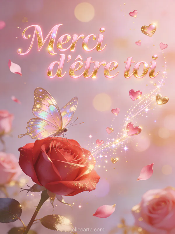 Papillon aux ailes irisées posé sur une rose rouge avec petits cœurs lumineux flottants et étincelles et le texte Merci d'être toi