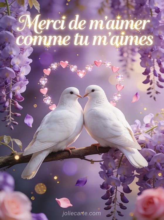 Deux tourterelles blanches sur une branche de glycine mauve avec guirlande de cœurs roses scintillants et particules dorées et le texte Merci de m'aimer