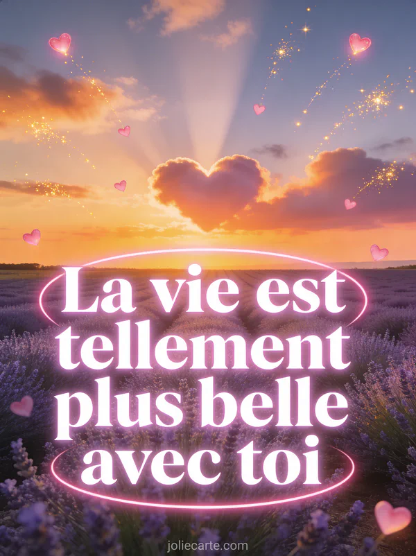Champ de lavande au coucher du soleil avec petits cœurs roses lumineux flottant dans le ciel et étincelles dorées et le texte La vie est plus belle avec toi