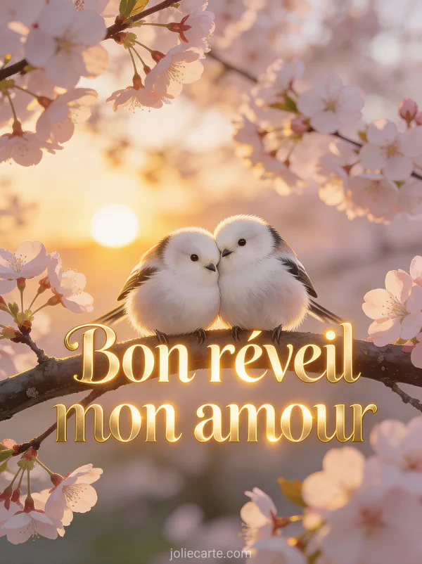 Deux mésanges blotties l'une contre l'autre sur une branche de cerisier en fleurs au lever du soleil avec le texte Bon réveil mon amour