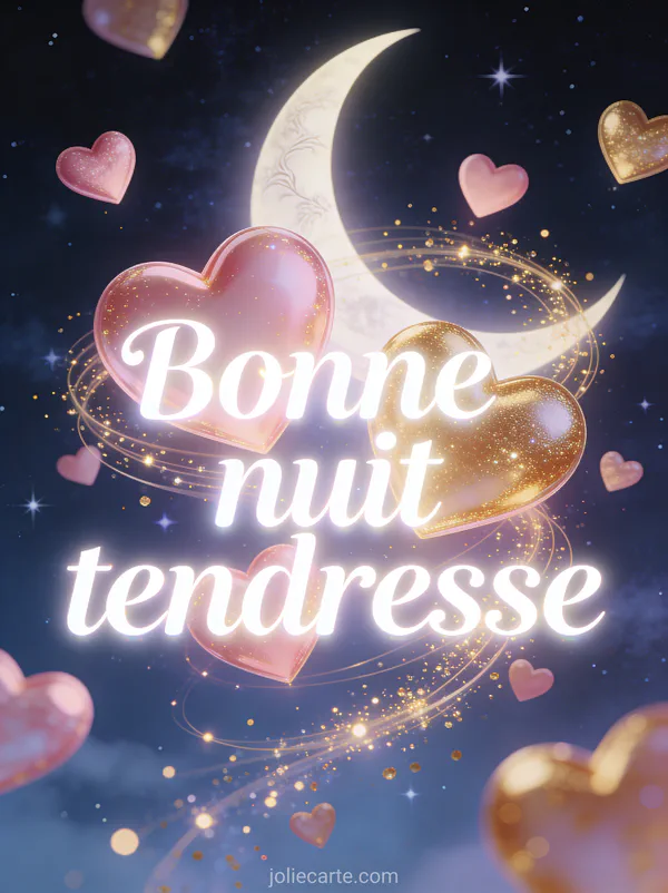 Cœurs roses et dorés flottant dans un ciel étoilé avec des particules lumineuses et le texte Bonne nuit tendresse