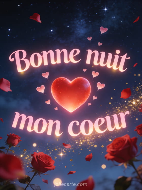 Grand cœur rouge lumineux entouré de petits cœurs volants dans un ciel étoilé avec des pétales de roses et le texte Bonne nuit mon cœur