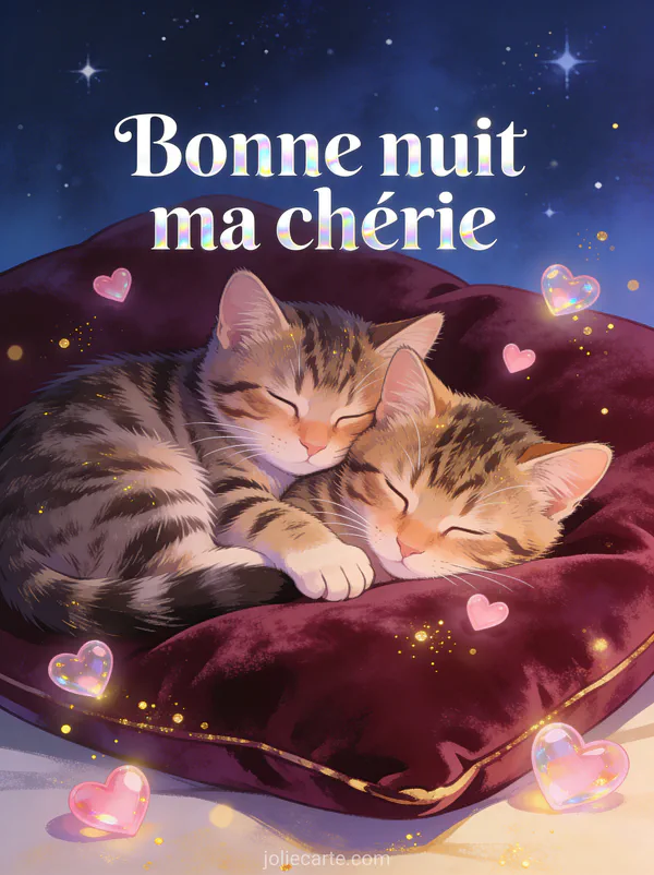 Deux chatons tigrés endormis l'un contre l'autre sur un coussin bordeaux avec des cœurs roses flottants et le texte Bonne nuit ma chérie