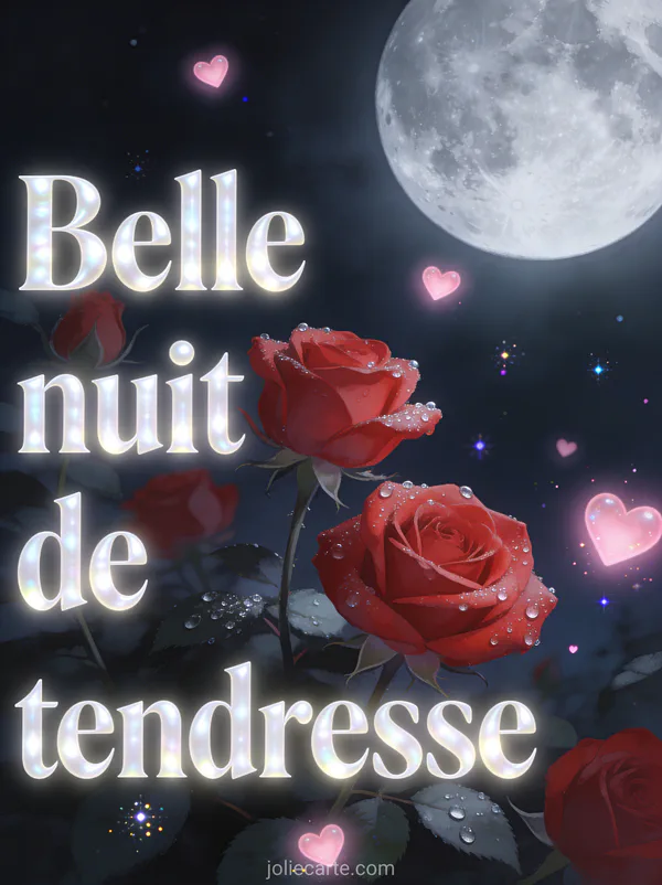 Roses rouges couvertes de rosée sous un clair de lune avec des cœurs lumineux roses flottants et le texte Belle nuit de tendresse