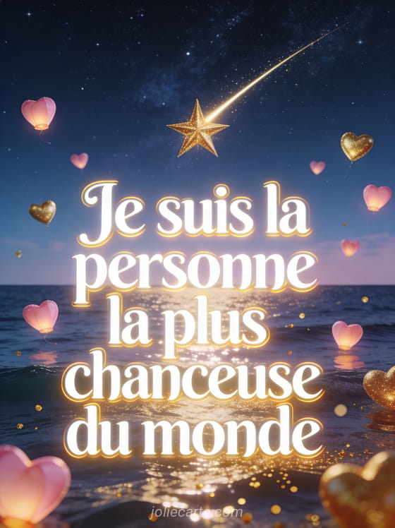 Ciel étoilé au-dessus de la mer avec étoile filante dorée et petits cœurs lumineux flottant comme des lanternes et le texte la plus chanceuse du monde