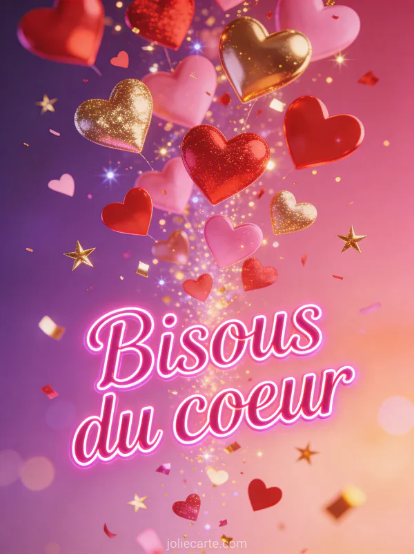 Cascade de cœurs rouges roses et dorés tombant comme des confettis avec des particules scintillantes et le texte Bisous du cœur