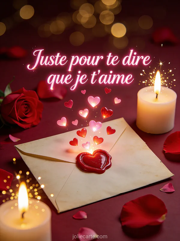 Enveloppe ancienne cachetée d'un cœur de cire rouge avec petits cœurs lumineux qui s'en échappent entourée de pétales de roses et bougies et le texte Juste pour te dire que je t'aime