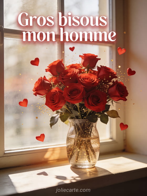 Bouquet de roses rouges luxuriantes dans un vase en verre avec des cœurs rouges flottants et le texte Gros bisous mon homme