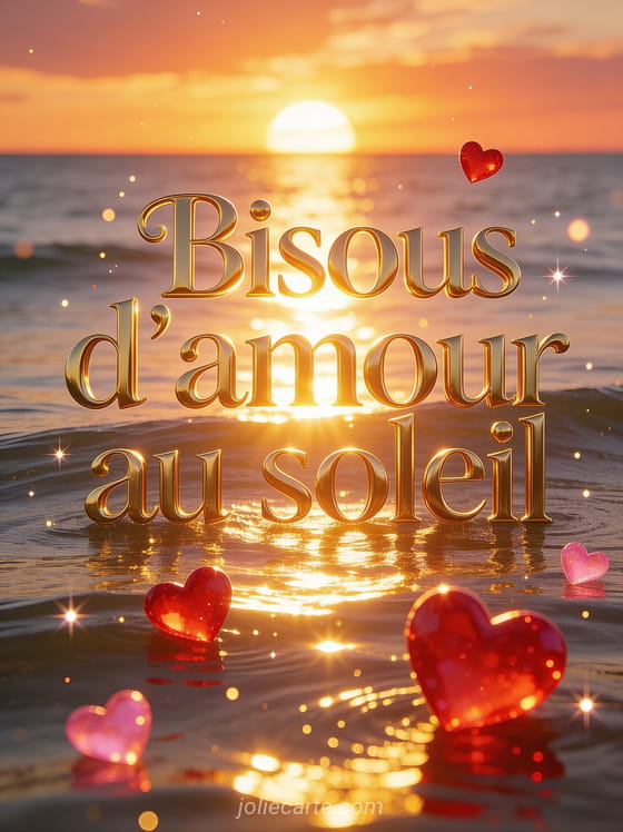 Coucher de soleil sur la mer avec des reflets dorés et des cœurs lumineux flottant dans la lumière avec le texte Bisous d'amour au soleil