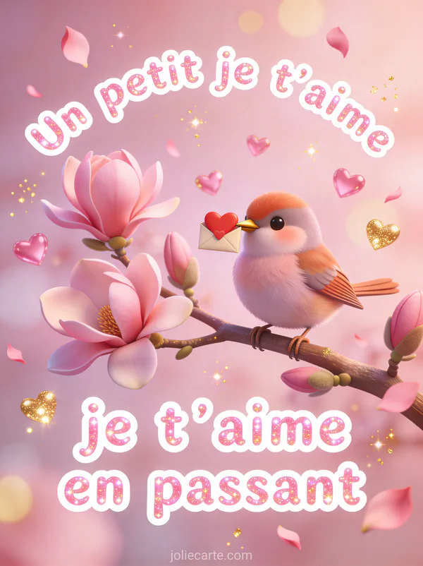 Adorable moineau tenant une enveloppe cœur sur une branche de magnolia avec petits cœurs flottants et étincelles et le texte Un petit je t'aime en passant